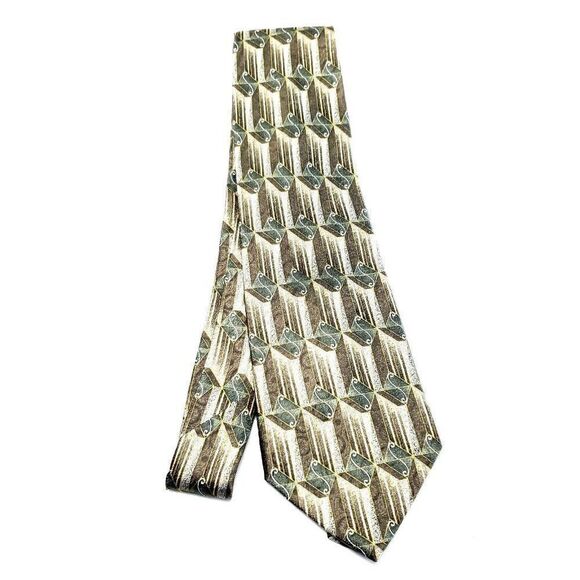 Stafford Executive Silk Tie Brown Green Geometric Print Wide - Picture 6 of 6